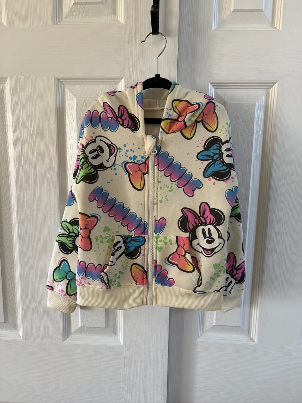 Disney Cream Minnie Mouse Paint Splatter Zip Hoodie With Colorful Graphics 5T